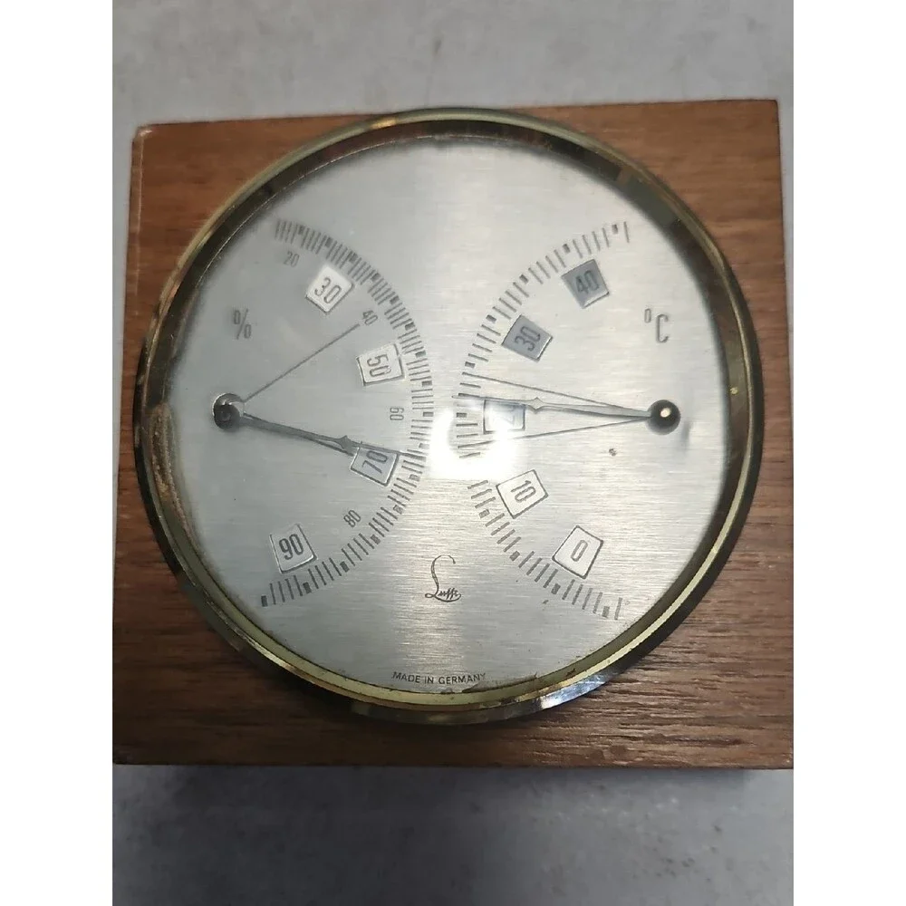 Lufft Vintage Wooden Brass Accent Hygrometer and Thermometer